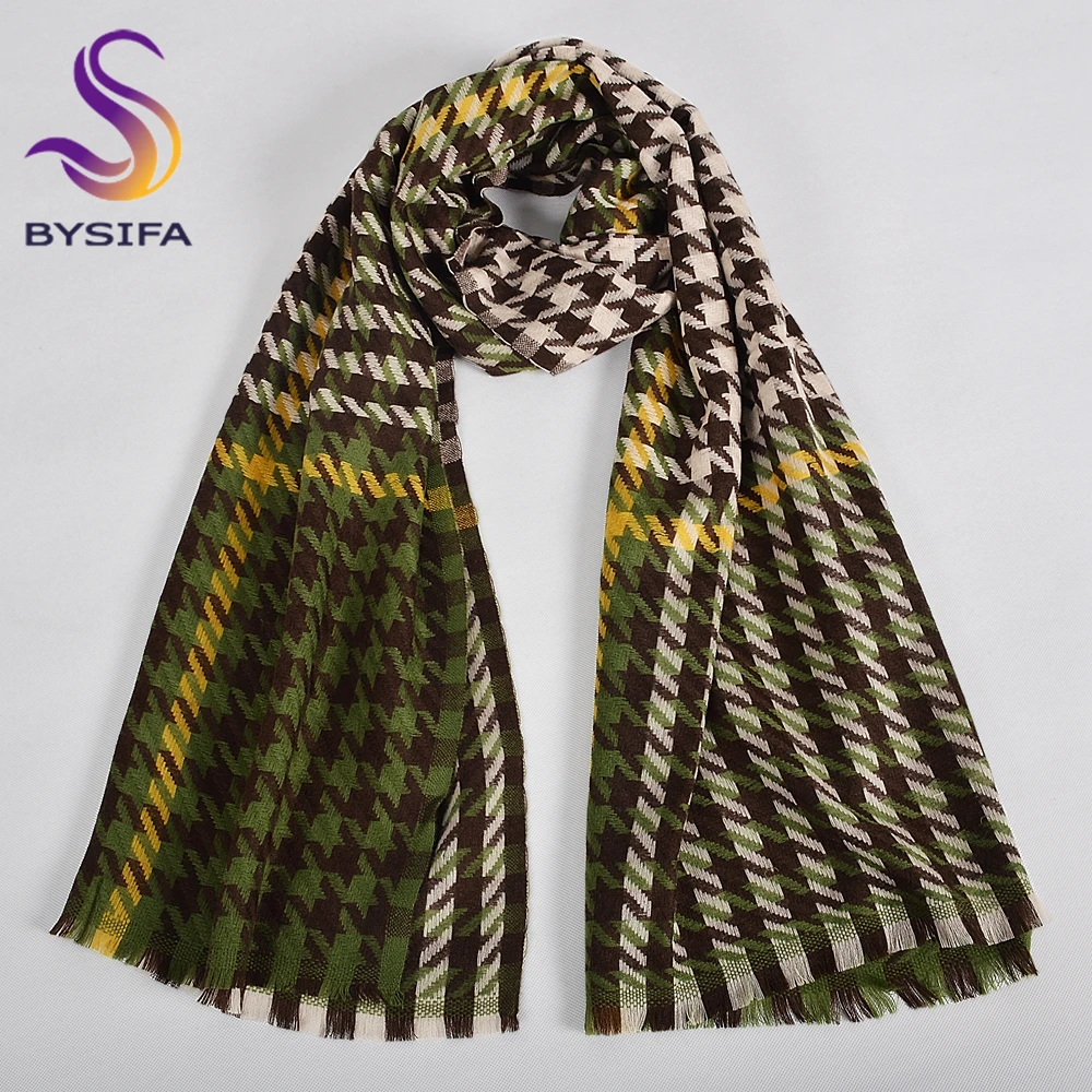 Green Yellow Plaid 100% Wool Scarves Pashmina Thicken Women Winter Soft Long Scarf Shawl Fashion Short Tassel Warm Neck Scarf