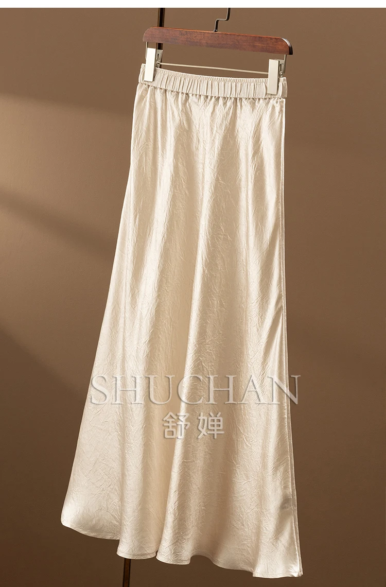 Elegant A-shaped Long Skirt Women Thin Summer 2025 6W63 100% Acetate Korean Fashion Clothing