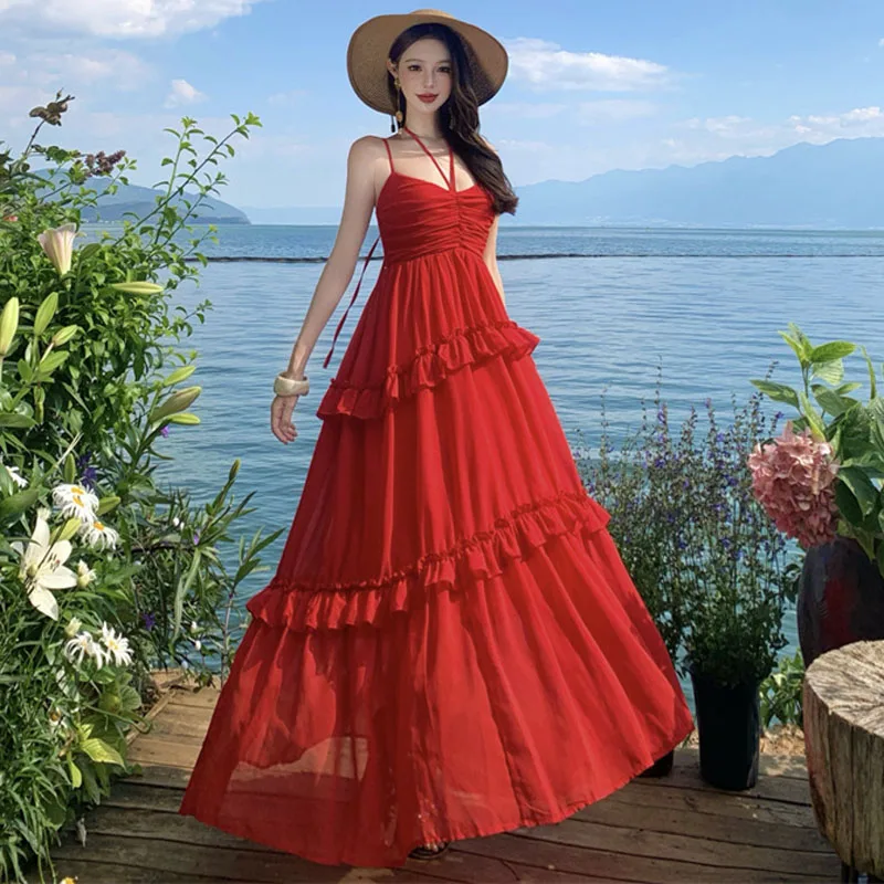 2023 frauen Sommer Sexy Backless Urlaub Strand Party Kleid Elegante Mode Ärmellose Boho Rot Rüschen Chiffon Lange Kleider Robe