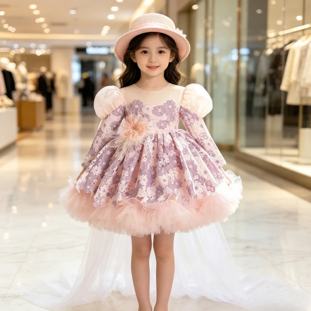 Lace Long Sleeve Puff Sleeve Girls Sweep Train Gown First Birthday Girl Princess Tutu Elegant Costume Party Banquet Baby Flower