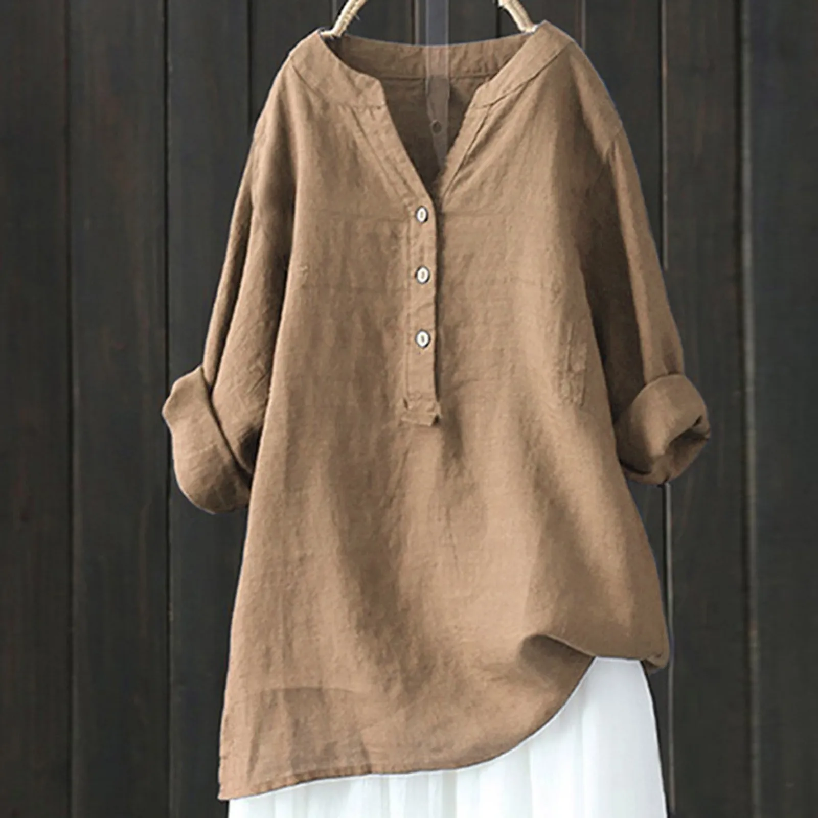 Women\'s Solid Color Stand Up Collar Button Cotton And Linen Long Sleeved Shirt Blouse Simplicity Loose Shirts For Women