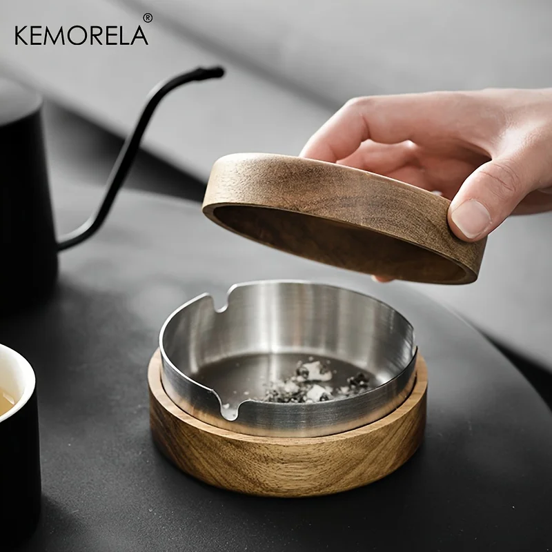 Acacia Wood Desktop Ashtray With Lid Stainless Steel Windproof Ash Tray For Bar Office Home Decoration Smoking Accessories