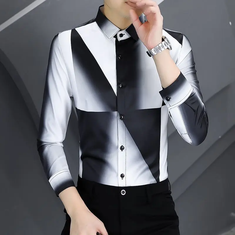 Korean Autumn 2024 Men\'s New Patchwork Square Collar Button Printing Geometric Business Minimalist Casual Long Sleeved Shirts