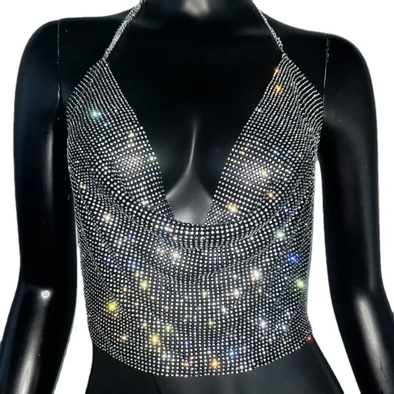 y2k Crop Top For Women 2023 Autumn Fashion Festival Party Sexy Backless See Through Shiny Rhinestone Rave Corset Tube Tank Tops