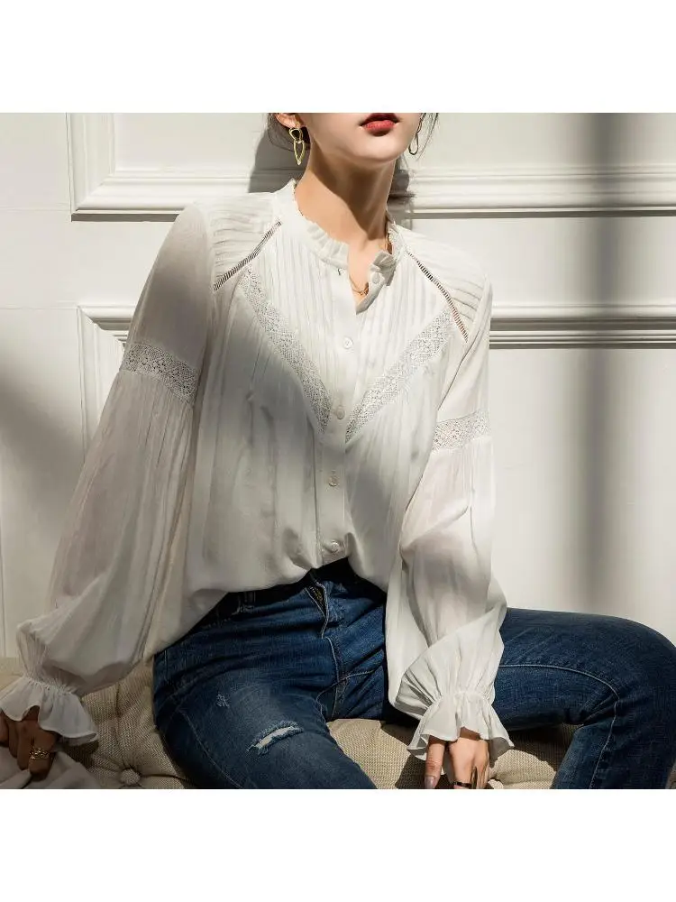 

2023 Spring And Summer New Commuter French Style White Shirt Puff Sleeve Elegant Embroidery Hollow Out Folds Women's Tops