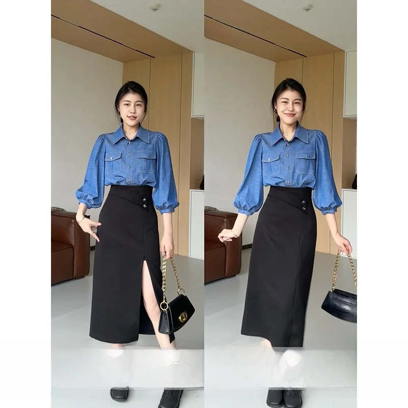 

Zhang a Xing Vintage Lantern Sve Collar irt Adjustable Split High Waist Dra Quali f Skirt Versatile Women's Fas...