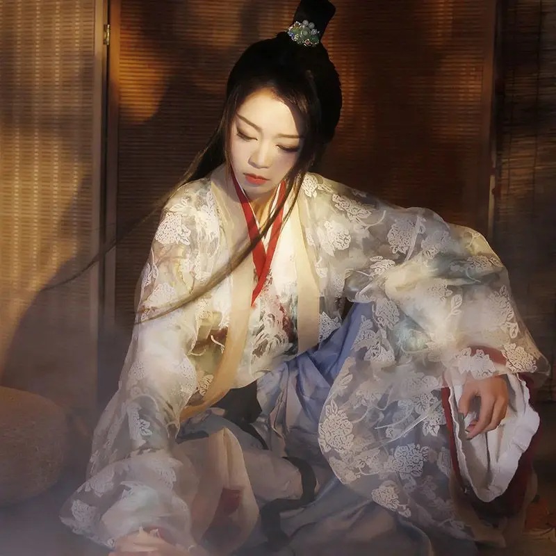 Ensemble de robe Hanfu de style chinois pour femmes, broderie de fleurs traditionnelle, robe de princesse élégante, costume de scène de danse douce de la dynastie Tang