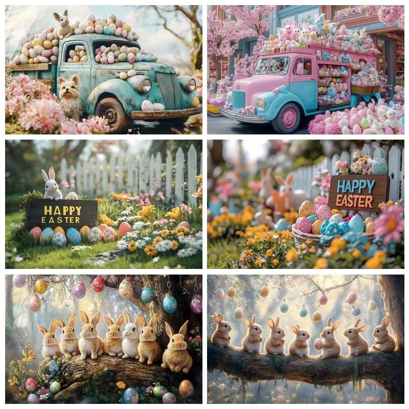Spring Easter Backdrop for Photography Rabbit Colorful Easter Eggs Flower Baby Shower Easter's Day Background Photo Studio Props
