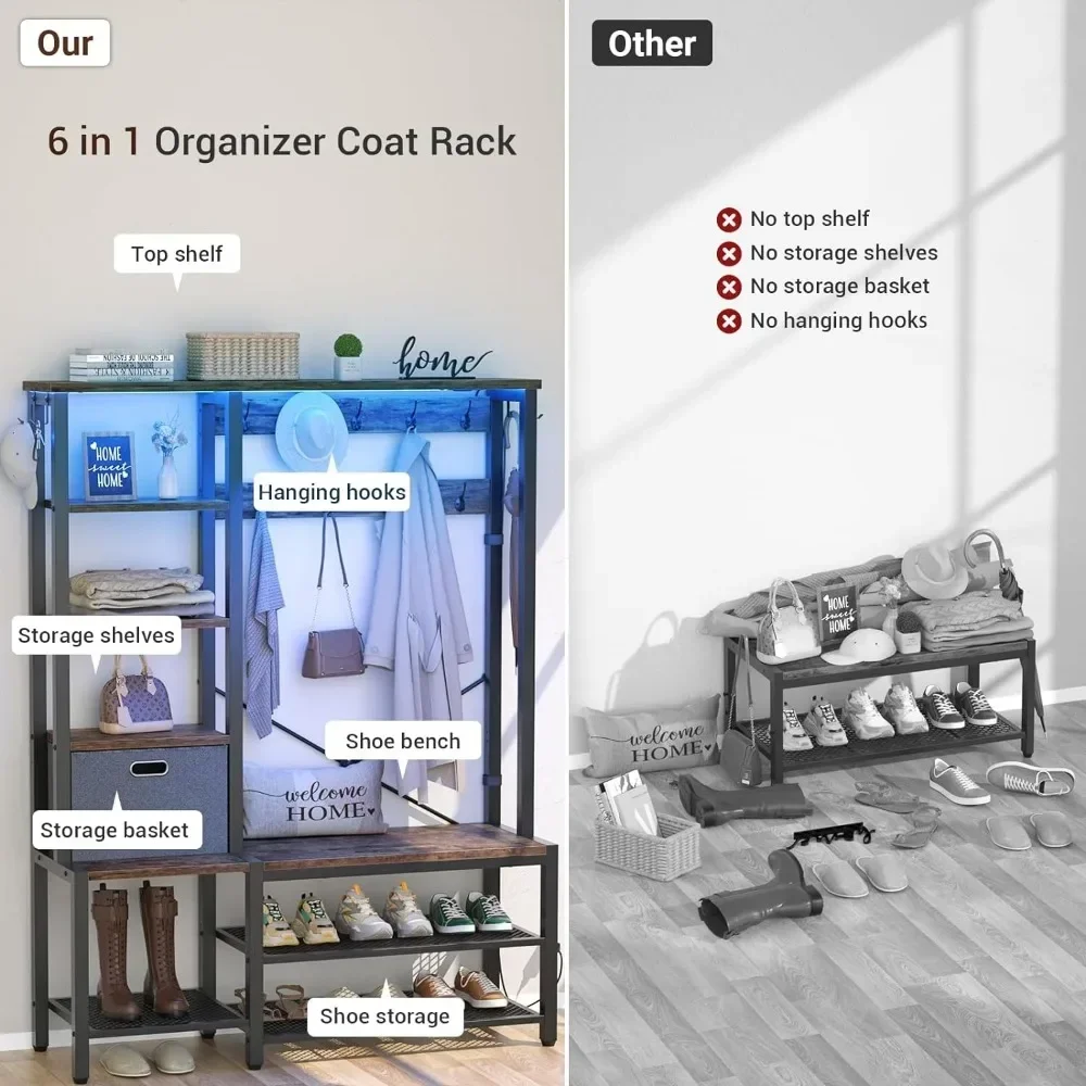 Roupas e Chapéu Rack com Mesa De Armazenamento, Metal Roupas Rack com Luzes LED, Prateleira, Gancho Lateral, 71"