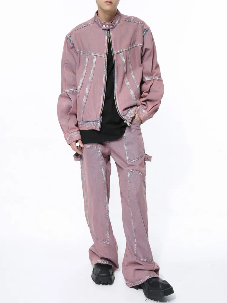 Men's Wear | 2025 Seasonal New Product Dopamine Pink Painted Wrinkle Design Denim Set