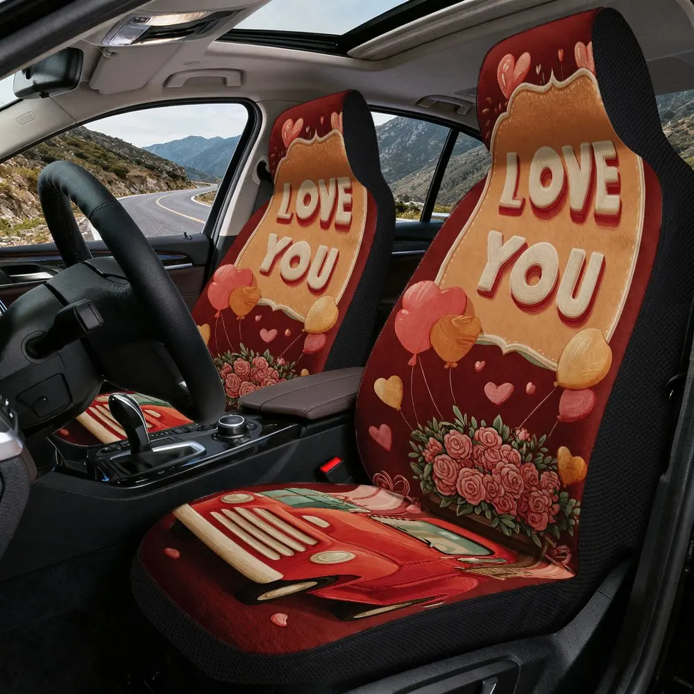 2pcs, Modern Valentine's Day Love Truck Print Front Seat Covers, Durable And Soft, Fit For Front Seats, Ideal For Stylish Inter