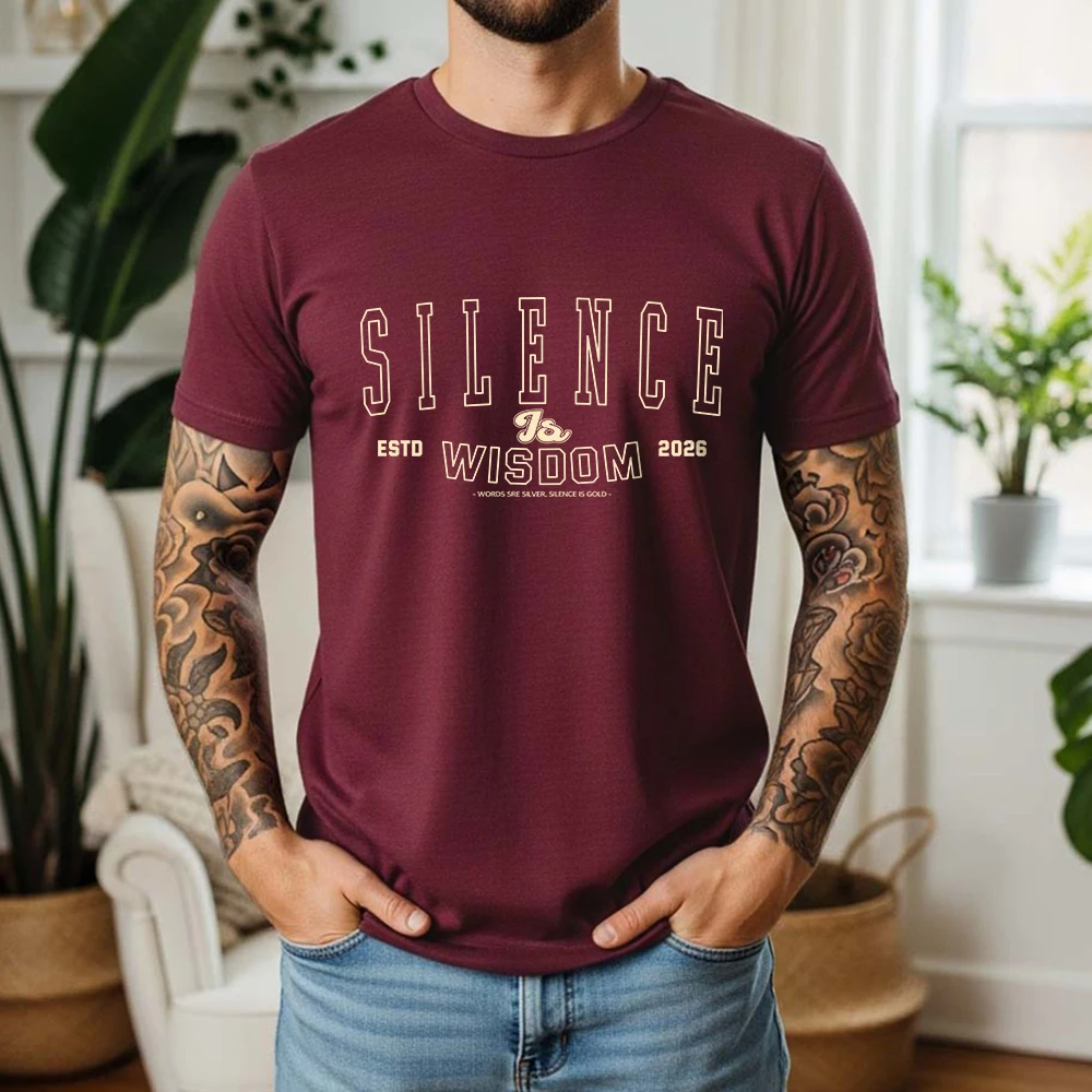 Mens 100% Cotton T Shirt Silence Is Wisdom ESTD 2026 Letter Print Casual Breathable Vintage Short Sleeve For Daily Wear