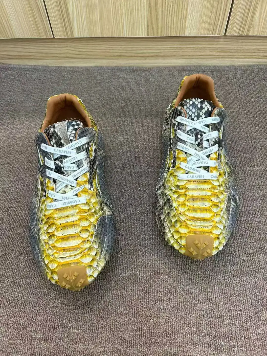 حذاء رجالي أصلي 100% من جلد الثعبان الحقيقي، حذاء رياضي رجالي عالي الجودة من جلد الثعبان باللون الذهبي والأصفر مع بطانة بقرة #5