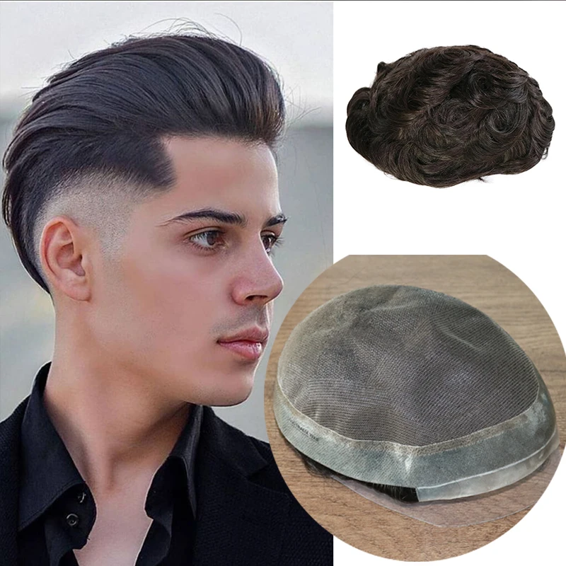 Natural Hairline Durable Australia Lace&PU Base 30mm Wave Jet Black Men Toupee Afro Human Hair Wigs System Male Prosthesis