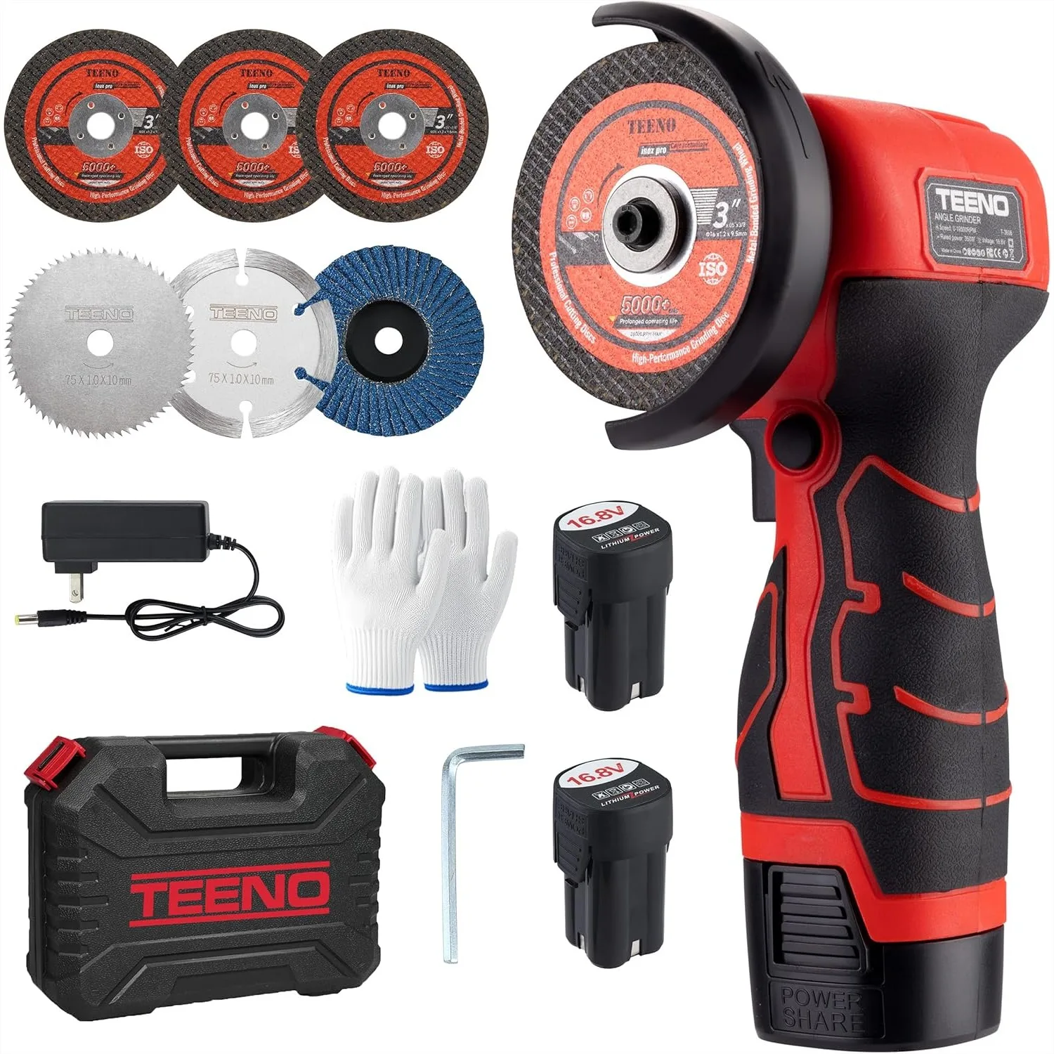 

Cordless Angle Grinder Kit 19,500 RPM Mini Electric Grinding Tool with 2x 16.8V 2000mAh Batteries and 6 Cutting Discs for Metal