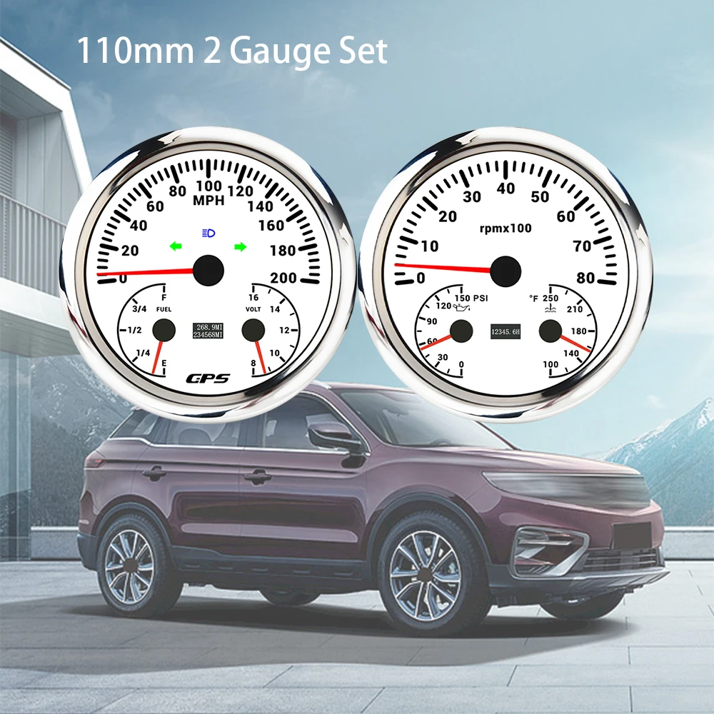 RHAXEL 110mm 2 Gauge Kit Speedometer 120 200 MPH GPS Tachometer RPM Fuel Level Water Temp. Oil Pressure 0-150PSI Volt for Car