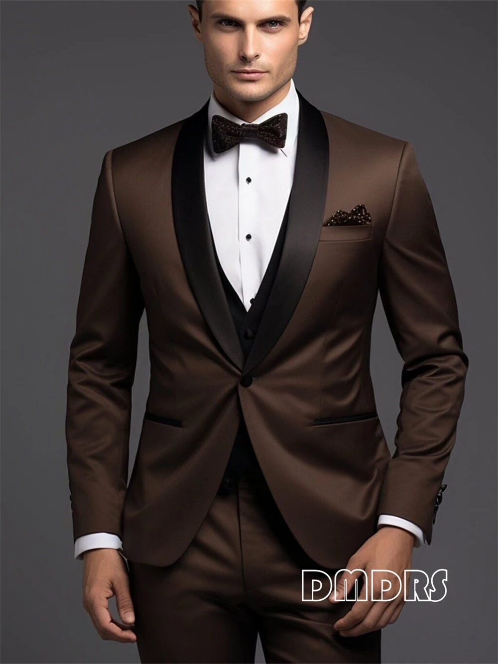 

Classic Brown Suit Set with Black Shawl Collar, Stylish 3-Piece Suit Set One Button Jacket, Black Vest and Dress Pants XXS-7XL