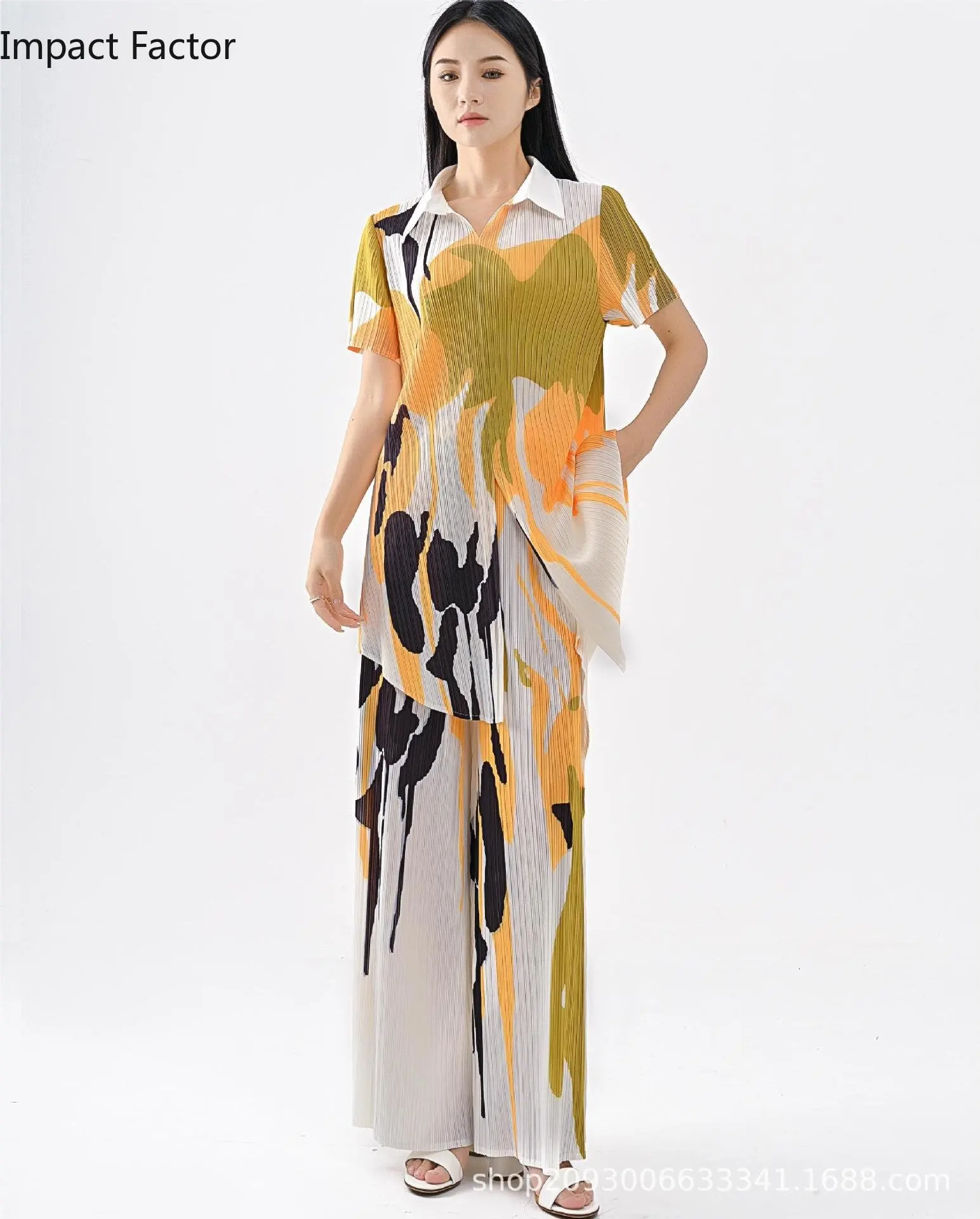 

Miyake Fold New Foreign Style Printing Set Loose Short Sleeve Shirt+High Waist And Wide Leg Pants Two-piece Spring 2023