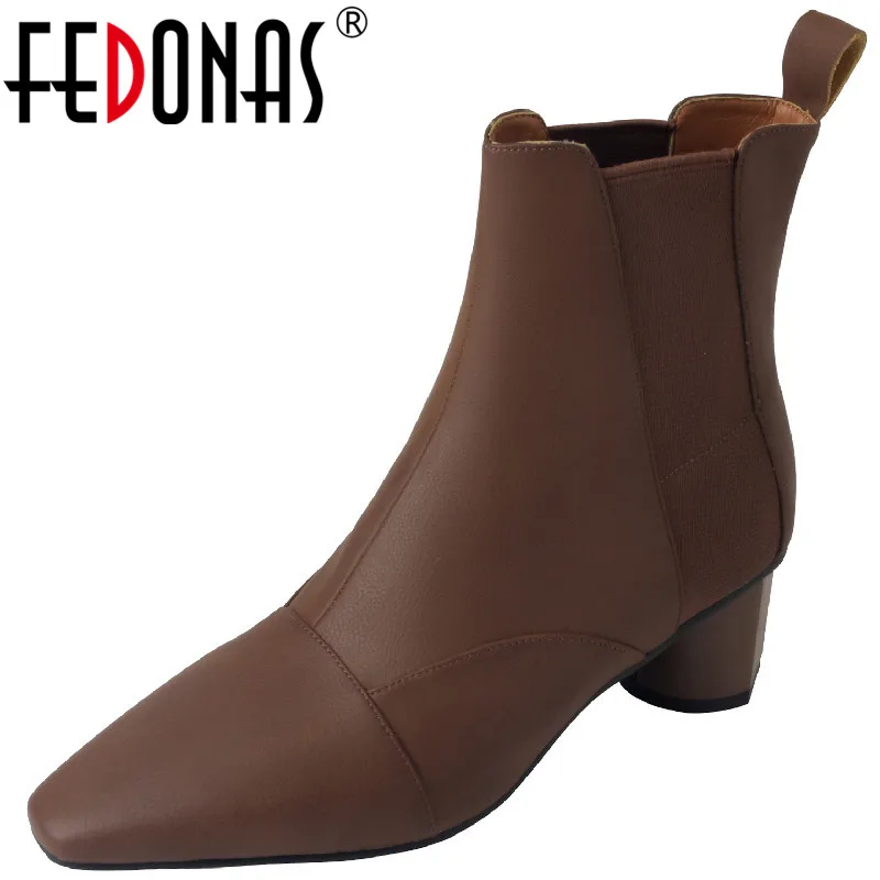 

FEDONAS 2023 Women Ankle Boots Autumn Winter Fashion Design New Office Female Thick Heels Splicing Genuine Leather Shoes Woman