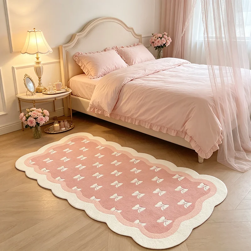 French Cream Style Pink Bow Wavy Irregular Bedside Rug Fashion Sweet Decor Carpet for Living Room Bedroom Soft Fluffy Floor Mat