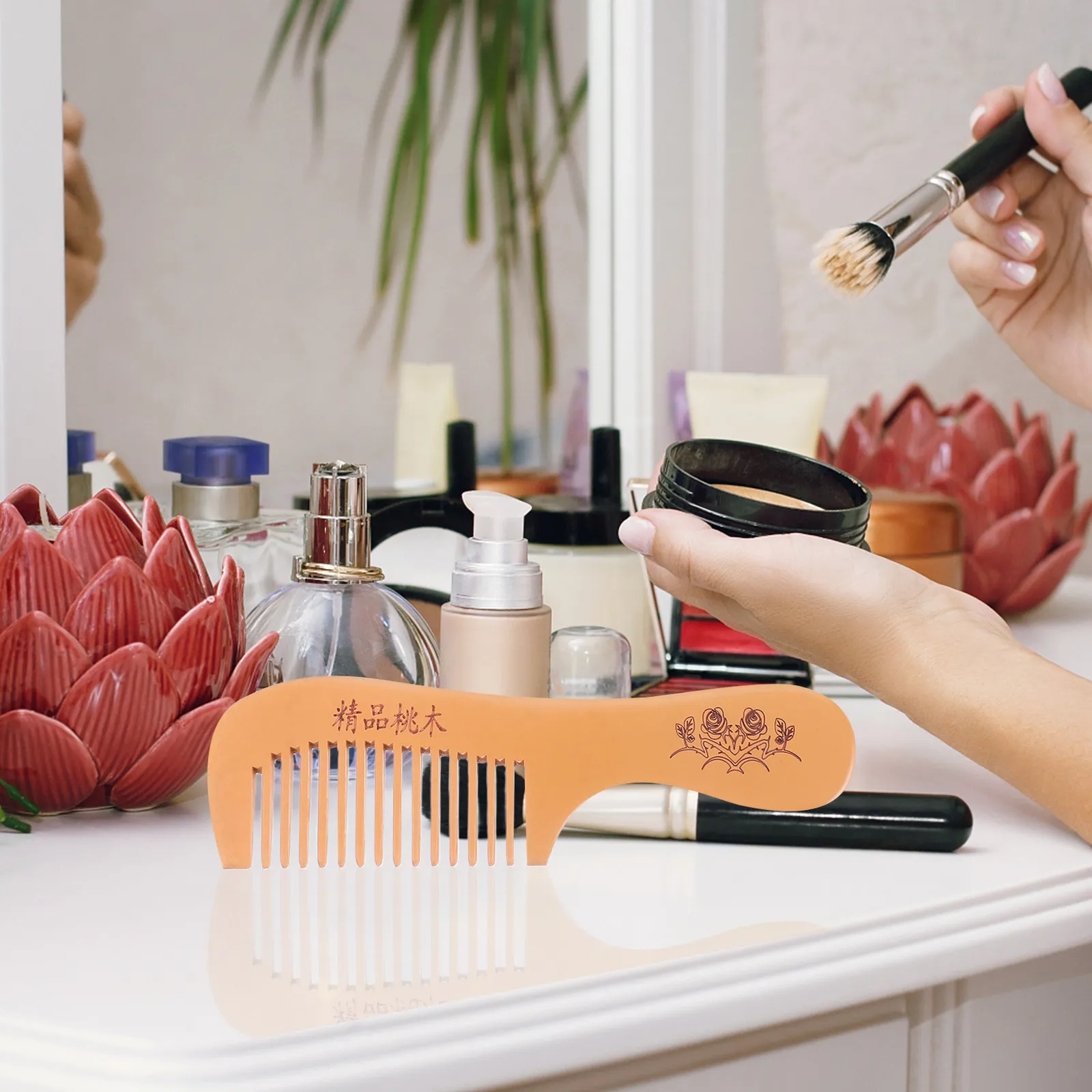 4Pcs Peach Wood Comb Set Portable Anti Static Hair Combs with Fine Wide Teeth Handle and Moon Designs