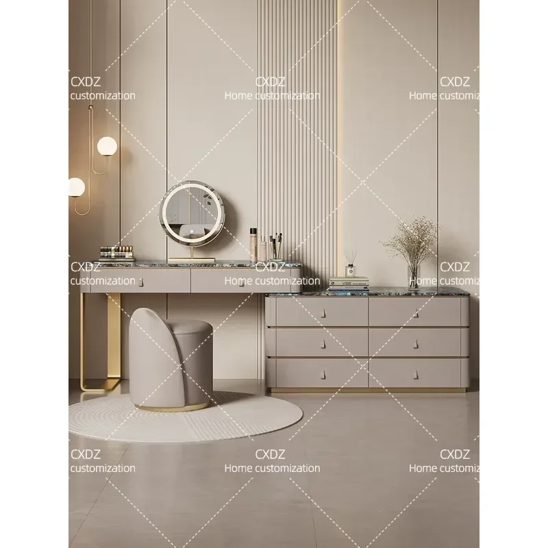 Modern Simple Solid Wood Dressing Table with Marble Top Integrated TV Cabinet and Dresser for Master Bedroom Light Luxury