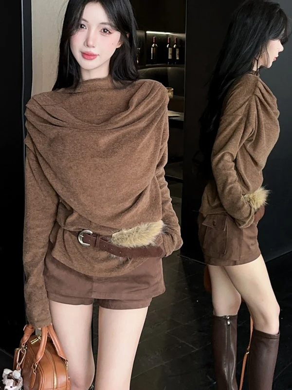 

Ele Slim Fit Women's Base irt Asymmetric Hem Long Sve Casual Sle Cotton T-irt High Collar Autumn Winter Top