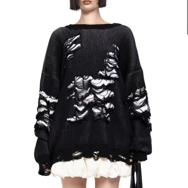 Casual Hollow Out Patchwork Knitted Women's Sweater Oversized O-neck Long Sleeve Basic Jumpers Female 2023 Autumn Streetwear Top