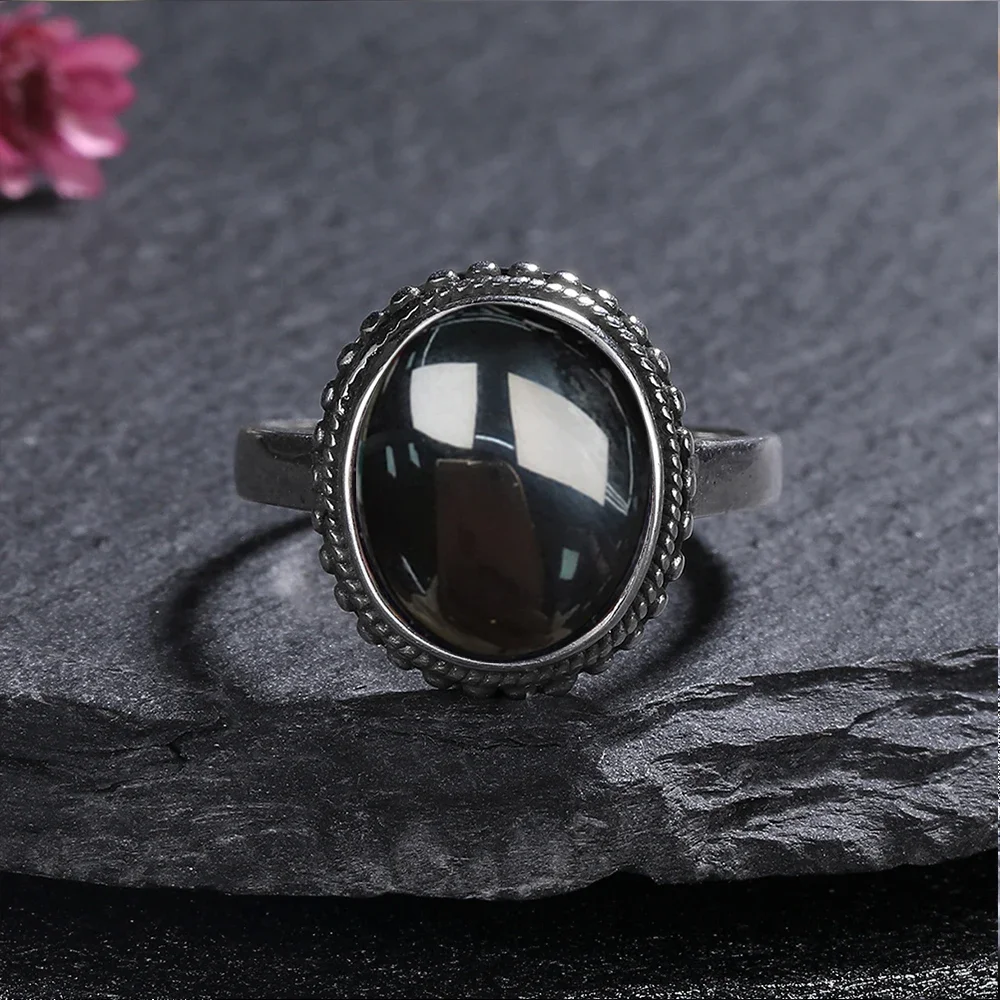 10*12mm Oval Round Natural Black Agate S925 Sterling SilverRing for Women Ring Gift Sun Shaped Retro Luxury Fine Jewelry