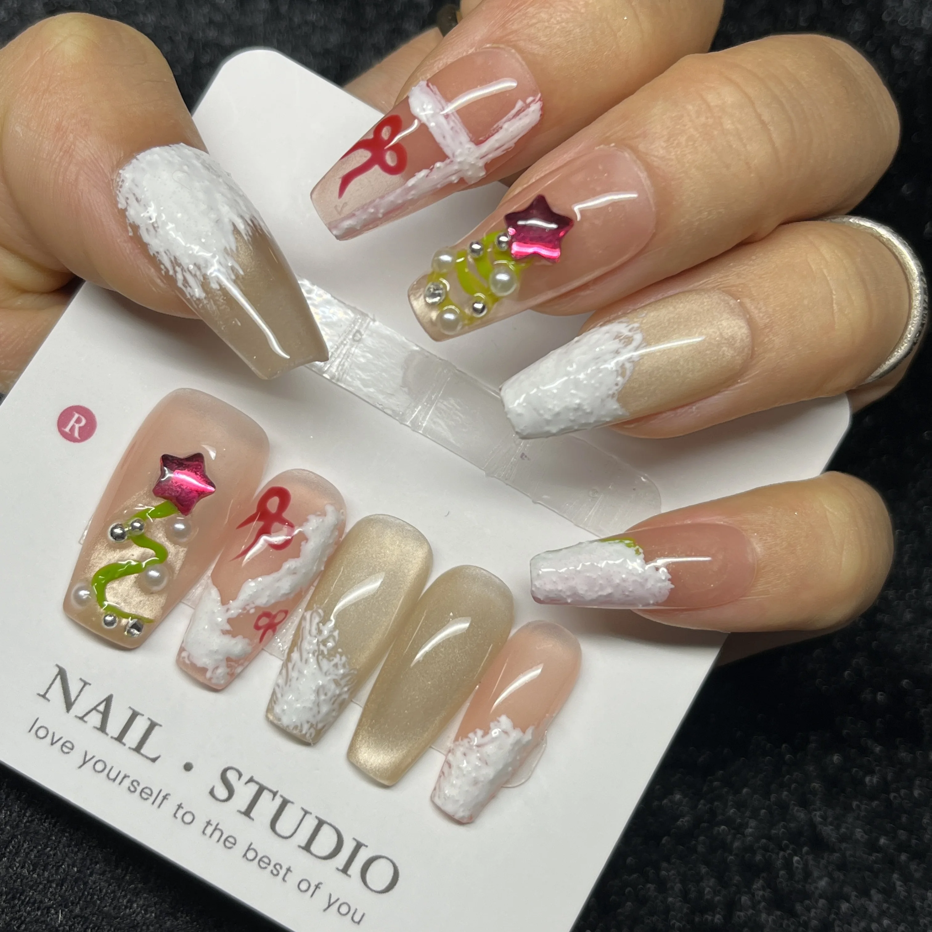 

10PCS Christmas Press on Nails Long Coffin Nude White with Tree Bow Pearl Details Elegant Festive False Nails Handmade for Women