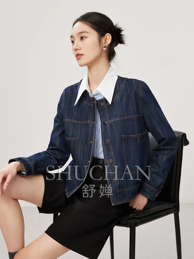 2025 good quality, Hong Kong style modern tone, retro washed, versatile round neck short denim jacket for women