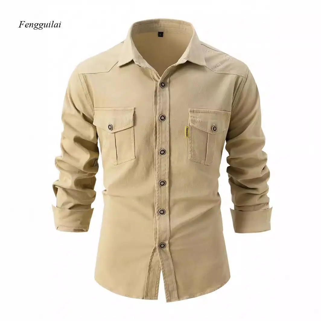 

Men's Long Sleeve Cotton Work Shirt, Casual Button Down Utility Shirt with Chest Pockets for Outdoor & Daily Wear