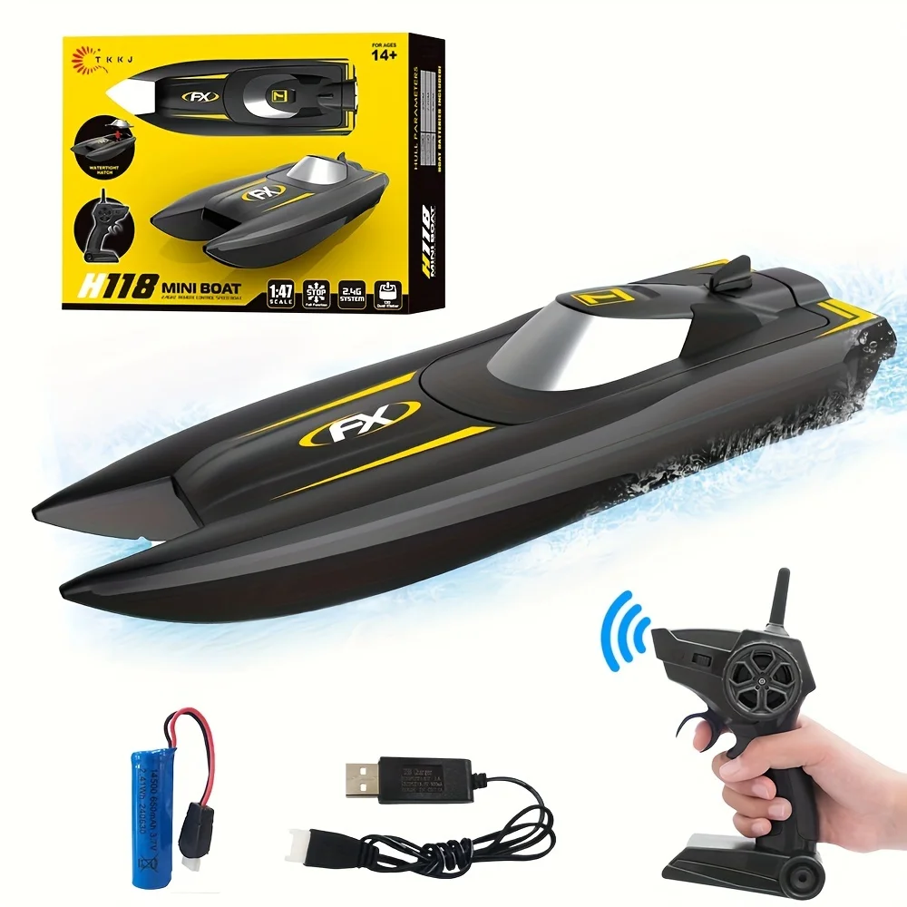 Dual electric high-speed remote control boat with a 24GHz radio controller, capable of speeds up to 16.21 mph (10 km/h)