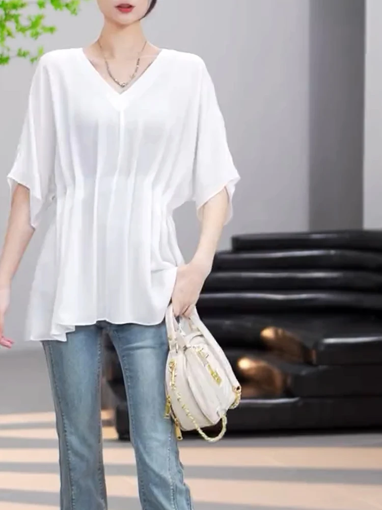 

Faionable Loose V-Ne Chiffon Top for plus Size Women Summer 2025 Korean Sle Commute Wind irt Ele Women's Wear