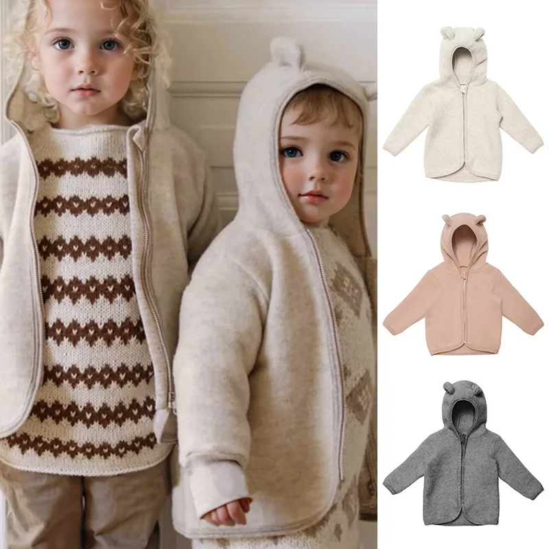 

Children's Brushed Ear Coat 2024 Autumn New Item, Casual Long Sleeved Round Neck Warm Top for Small and Medium-sized Children