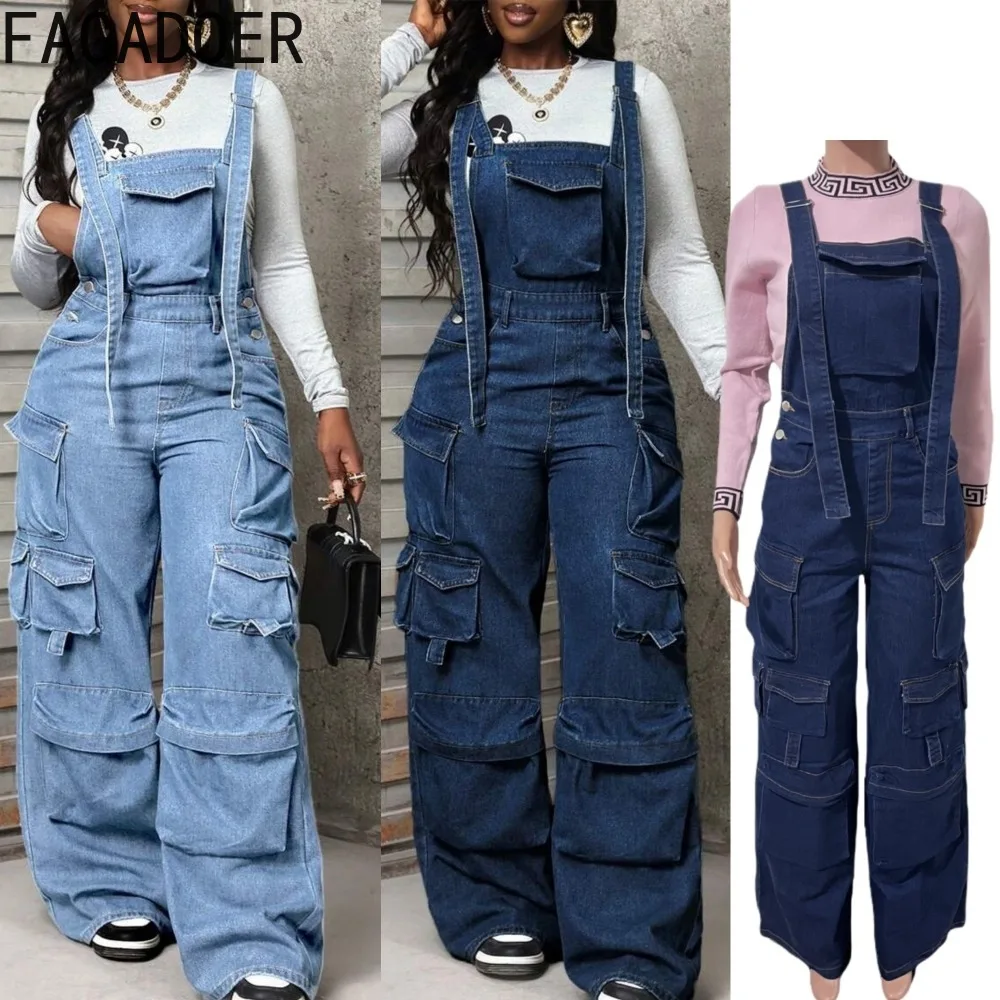FAGADOER Fashion Pocket Patchwork Denim Jumpsuits Woman Spaghetti Strap Loose Wide-leg Rompers Female Streetwear Overalls New