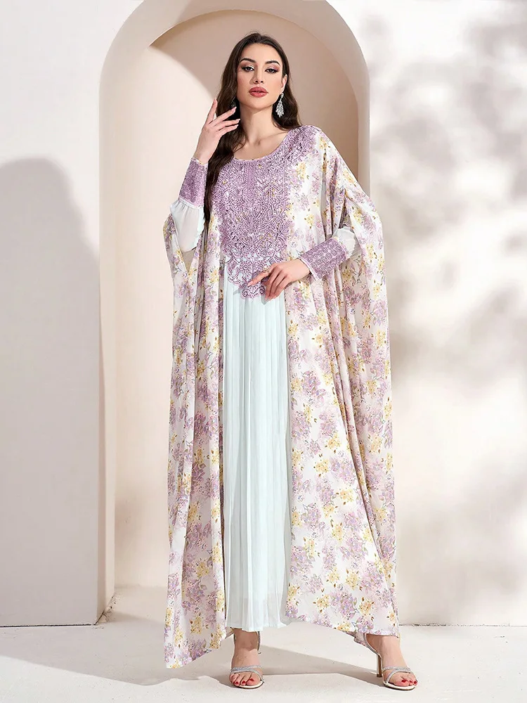 

Dresses muslim robe Middle East Saudi Arabia Chiffon Printed Dress Fashion Hot Diamond Muslim Dinner Party Robe Women's Wear
