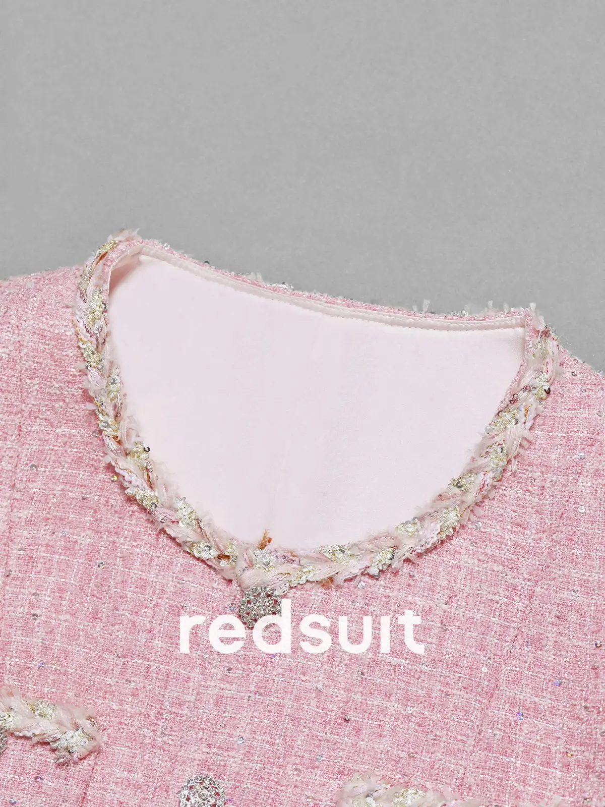 New Sweet pink lightweight tweed round neck four pocket sequined vest top Custom Size
