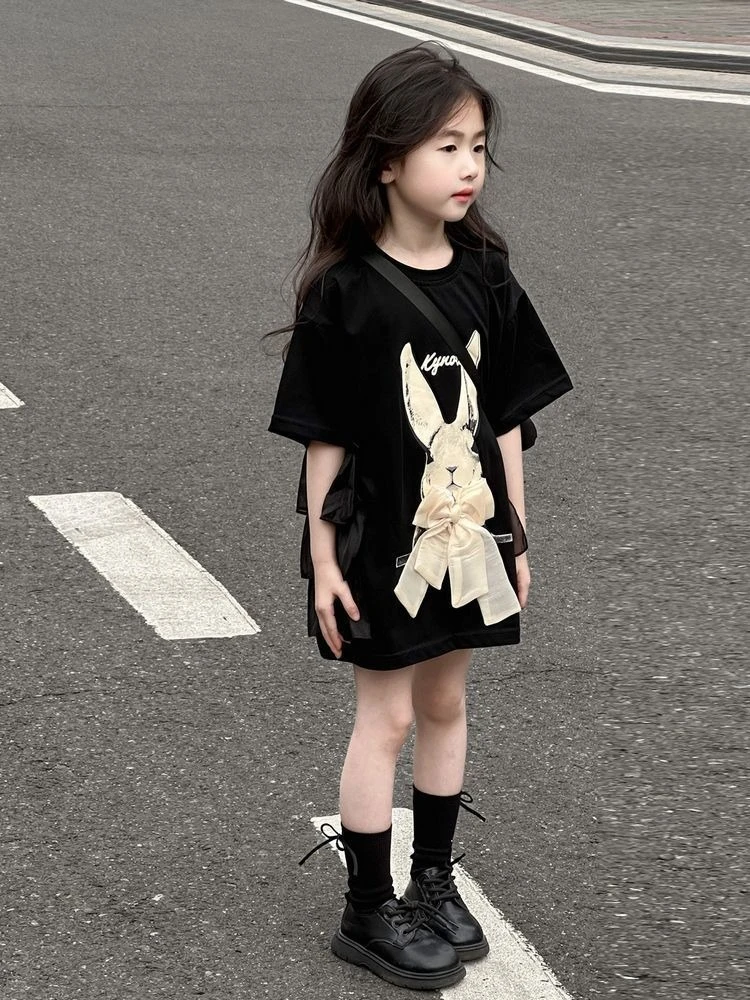 Girls Summer Dress 2026 Cotton Short Sleeve Mid Length Casual Kids Clothing for Big Girls Trendy Stylish T-Shirt Dress