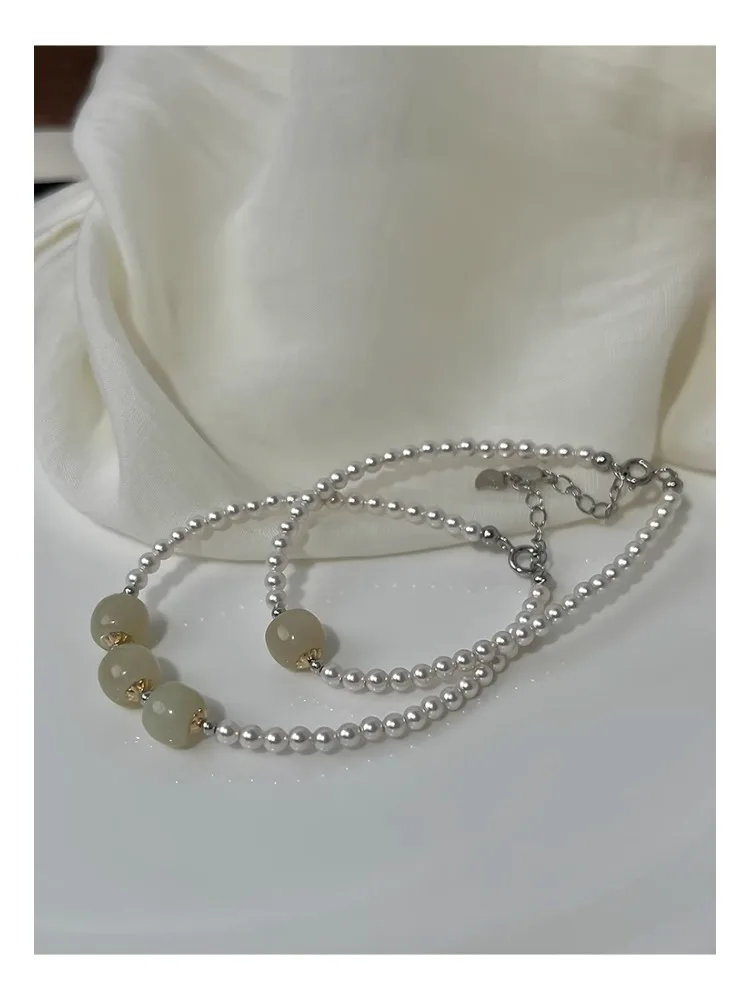 Natural Hetian Jade S925 Sterling Silver Crushed Silver Strong Light Pearl Bracelet Simple High-end Female