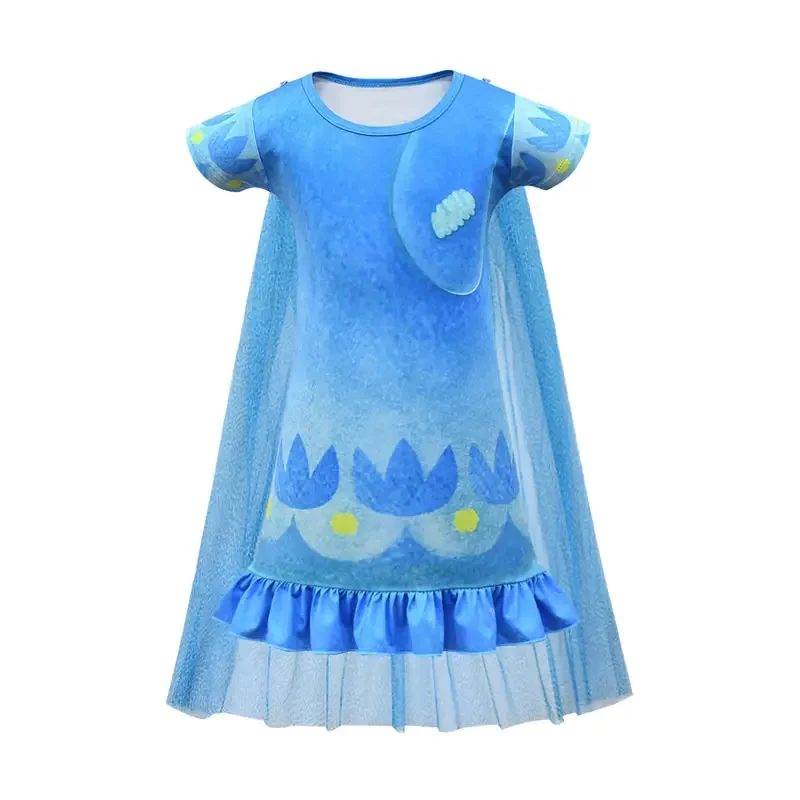 Trolls 2 Costume For Girl Dress Summer Halloween Kid Poppy Lace Princess Party Frock Child Up Disguise Cosplay Tunic Cloth Wig 8