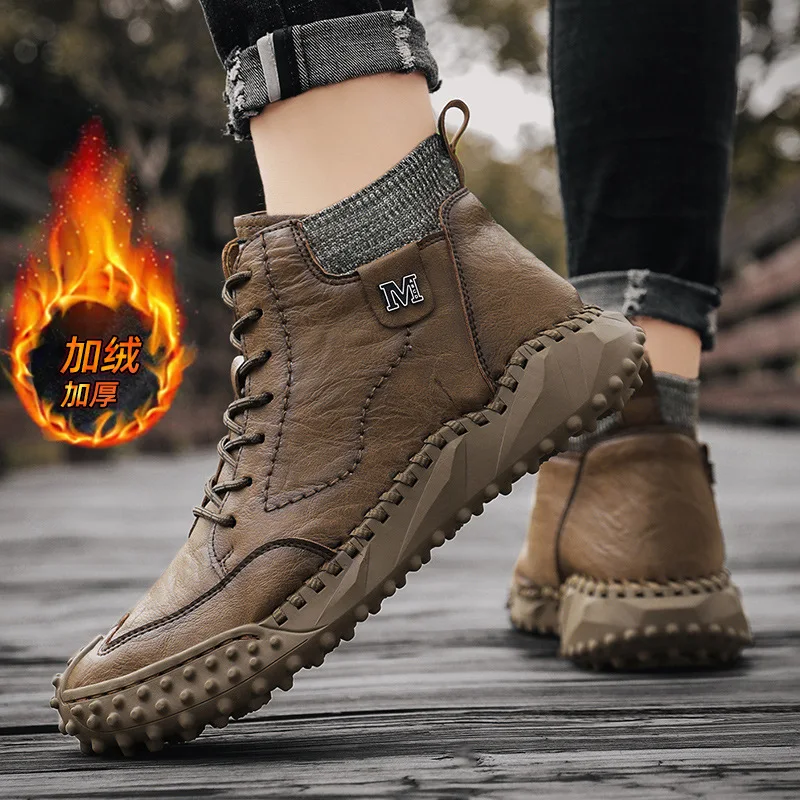 

Classic Winter Men's Boots Real Leather Plush Warm Men's Snow Boots Waterproof Outdoor Roman Men Work Boots Men Motorcycle Boots
