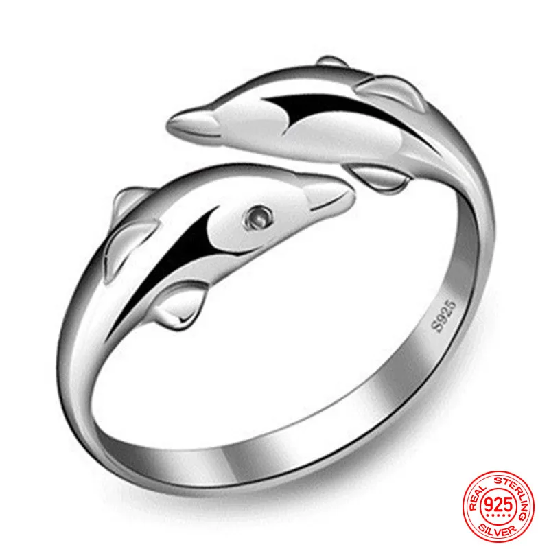 925 Sterling Silver Double Dolphin Open Ring For Women Fashion Wedding Jewelry Party Gift