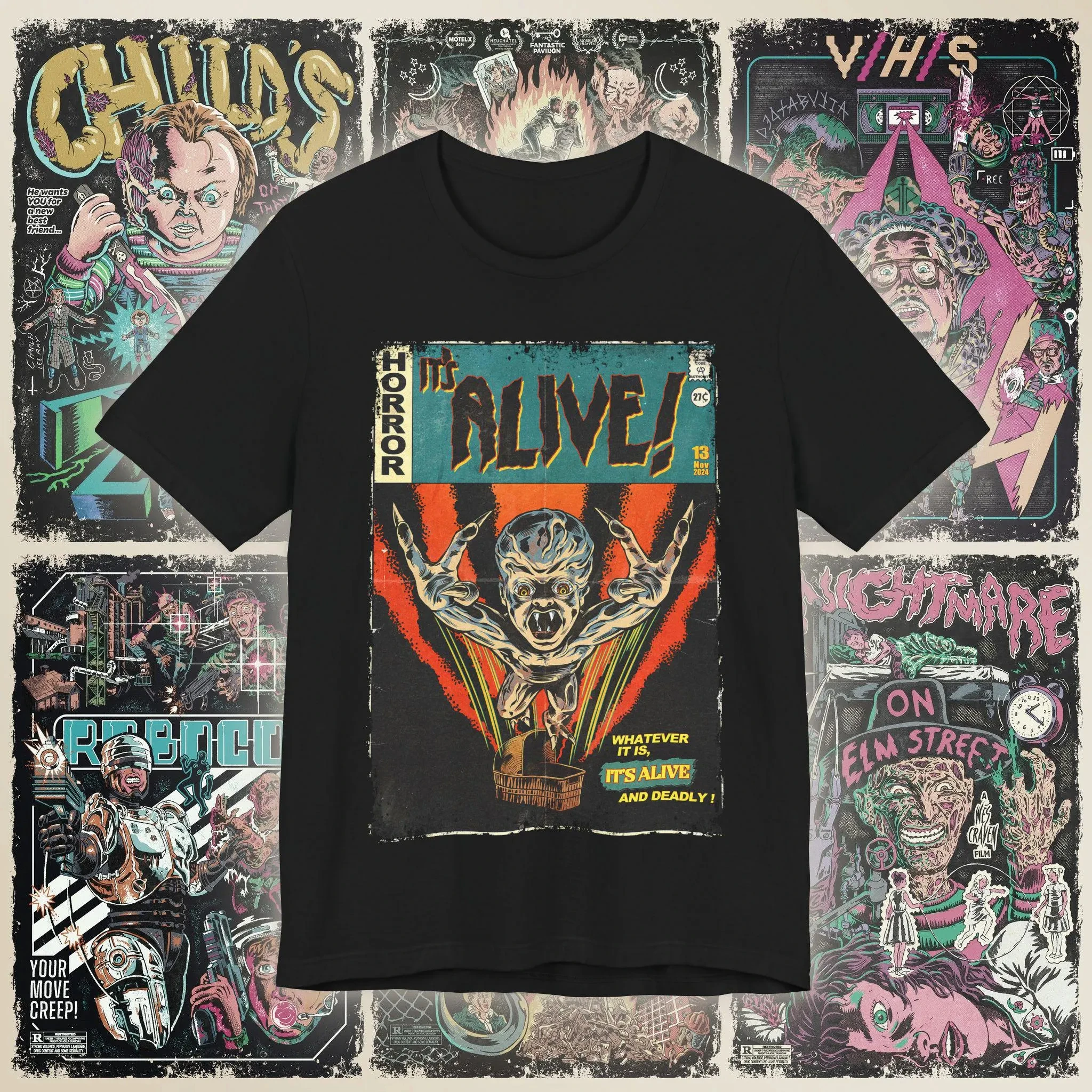 النمط الجمالي "إنه لا يزال على قيد الحياة" تي شيرت ريترو فيلم رعب نمط التي شيرت مطبوعة نمط تي شيرت كهدية لمحبي الأفلام