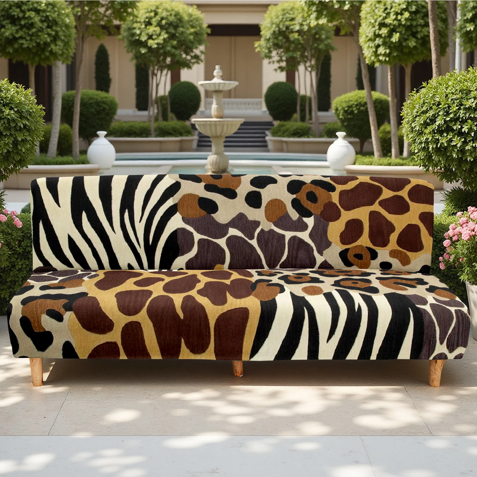 Animal Print Elastic Futon Cover, Summer Outdoor Sofa Bed Cover, Stretchable Slipcover for Living Room Patio G