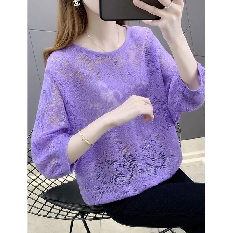 Women\'s Clothing Korean Fashion Sexy Hollow Solid Color Thin Knitwear Spring Summer Casual Round Neck Half Sleeve Pullover Tops