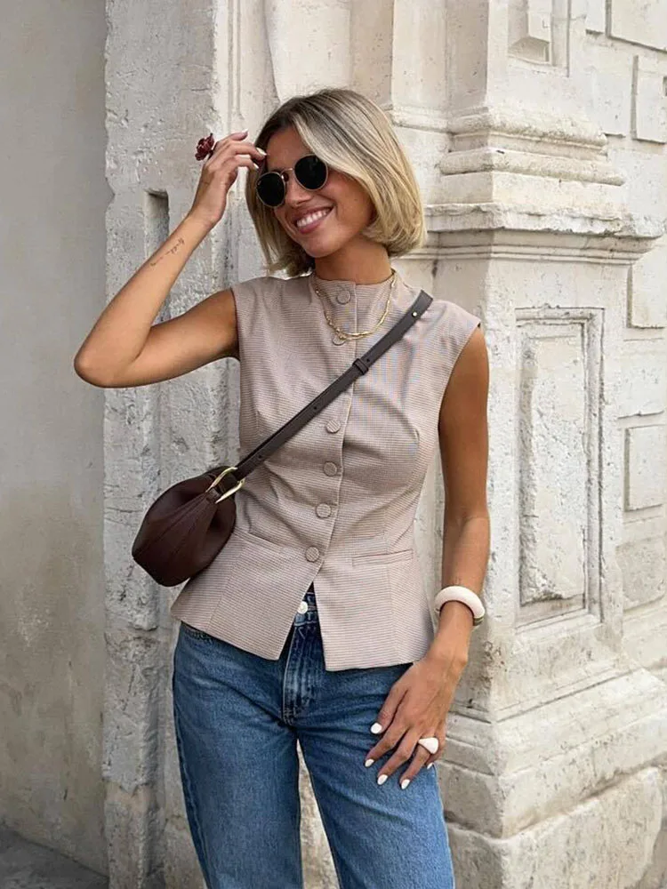 Vintage Woman Sleeveless Pocket Vest Loose Female Single Breasted Streetwears Elegant Office Party ladies Tops girls Outwear