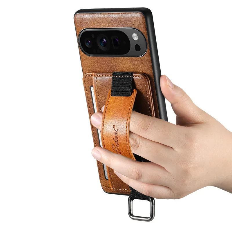 

Чехол для Google Pixel 9 10 Pro XL ELVEV с винтажным масляным восковым узором, кожаный ремешок на запястье, чехол для телефона с слотом для карт