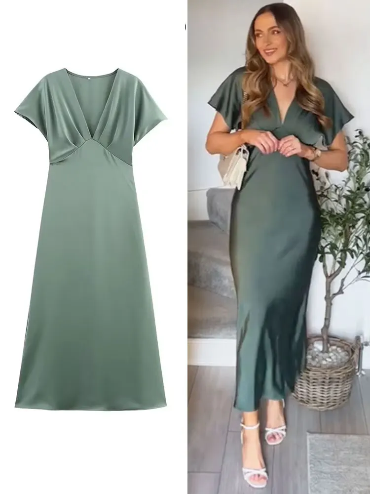 HH فستان صيفي نسائي عتيق من الساتان بأكمام قصيرة ورقبة على شكل حرف v مطوي مستقيم بيجامة نمط أنيق طويل فيستدوس #5