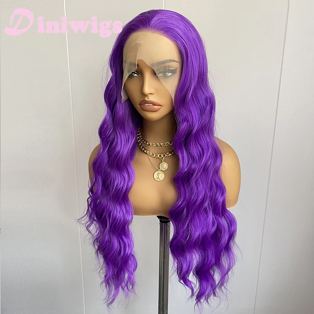 Diniwigs الأرجواني شعر مستعار موجة فضفاضة طويلة الدانتيل الجبهة بيروكات صناعية شعري طبيعي الاستخدام اليومي شعر مستعار للنساء ألياف مقاومة للحرارة